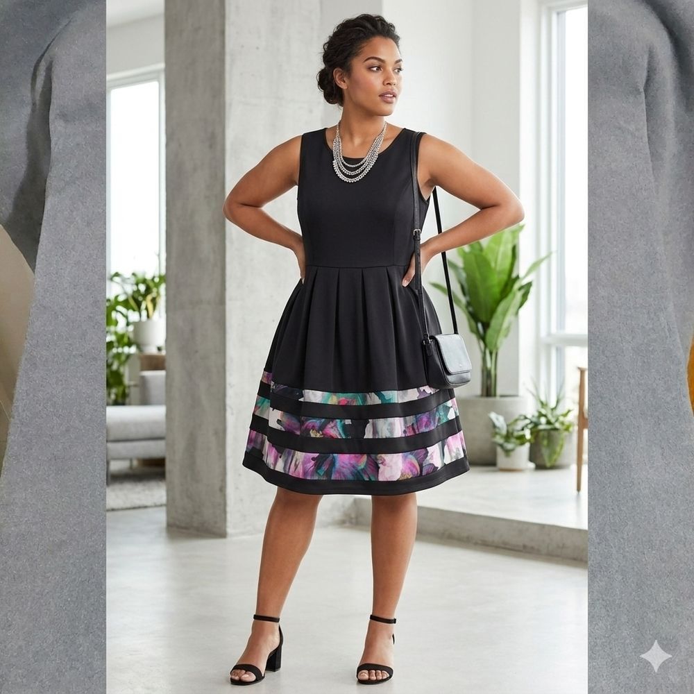 Apt. 9 Digital Floral Border Fit & Flare Pleated Dress with Pockets - XL